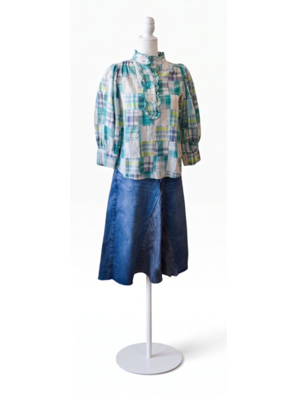 Antik Batik Alama Top Aqua Patchwork Plaid Cotton Ruffle Neck Size XS / 36